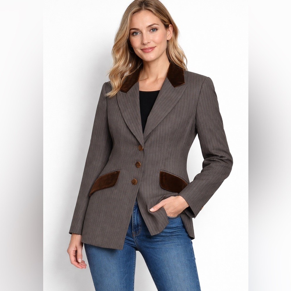 Ronit Zilkha London Blazer Sz 10 Wool Pinstripe Velvet Trim Boutique Jacket EUC!